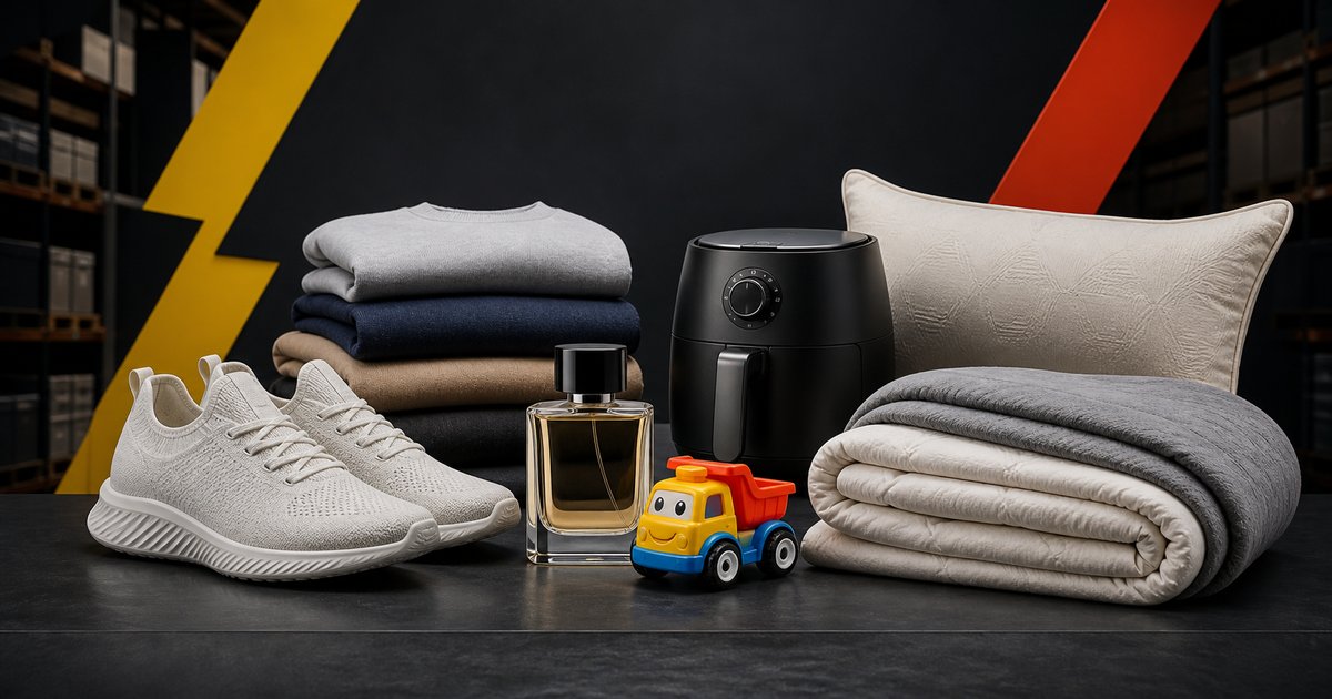 Assortiment de produits trouvés en magasin de liquidation : chaussures, vêtements, parfum, jouet, literie