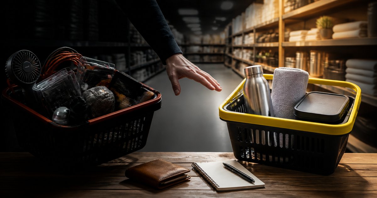 Cluttered shopping basket next to an organized one, with wallet and notebook