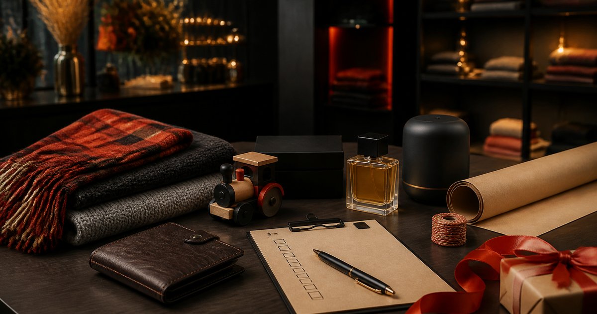 Ambiente acogedor de fiestas con regalos, perfume y una lista de planificación