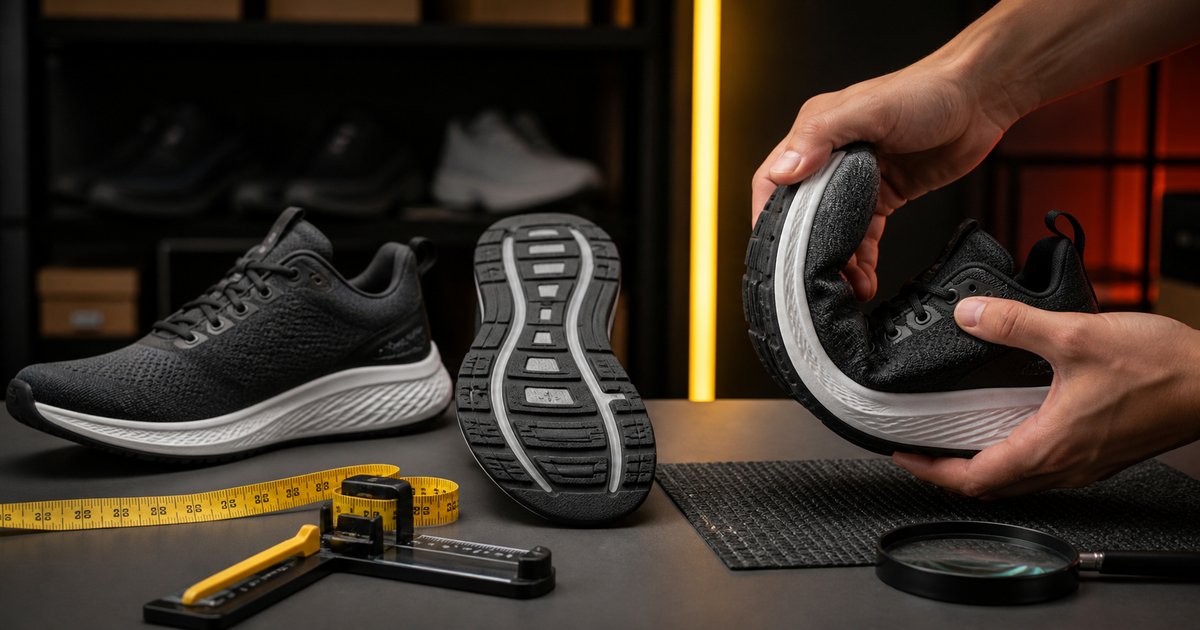 Hands checking the sole flexibility of an athletic shoe
