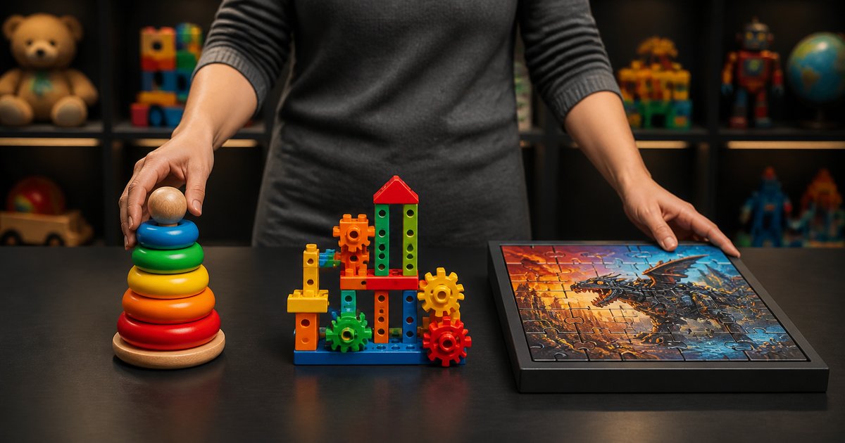 Toy progression by age: stacking rings, building set, puzzle