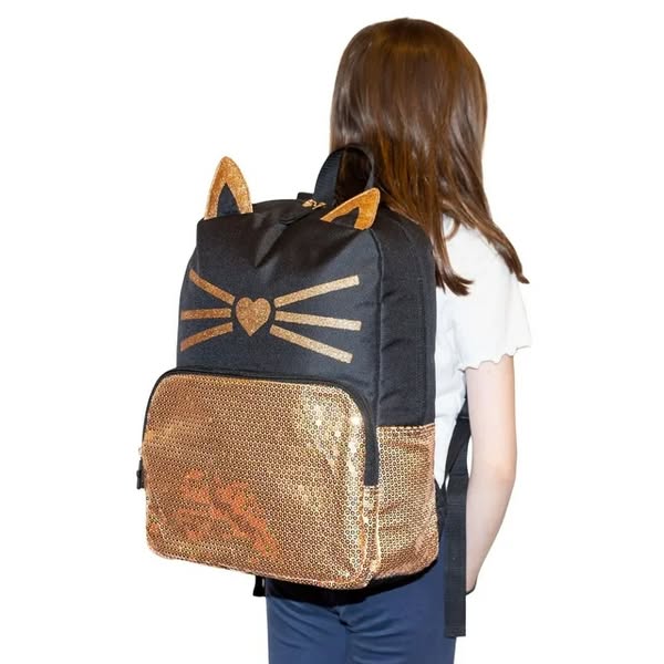 Sac à dos chat pailleté doré