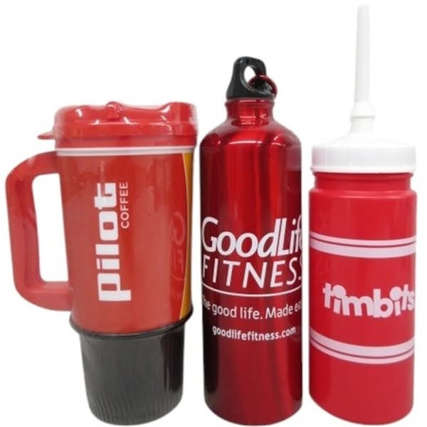 Bouteilles et mugs de voyage (GoodLife, Tim Hortons, Pilot Coffee)