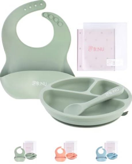 Ensemble repas bebe en silicone (assiette, bavoir, cuillere, sac)