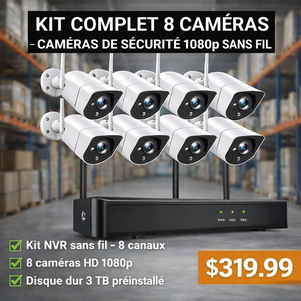 Kit complet 8 caméras sans fil avec NVR et disque dur 3TB