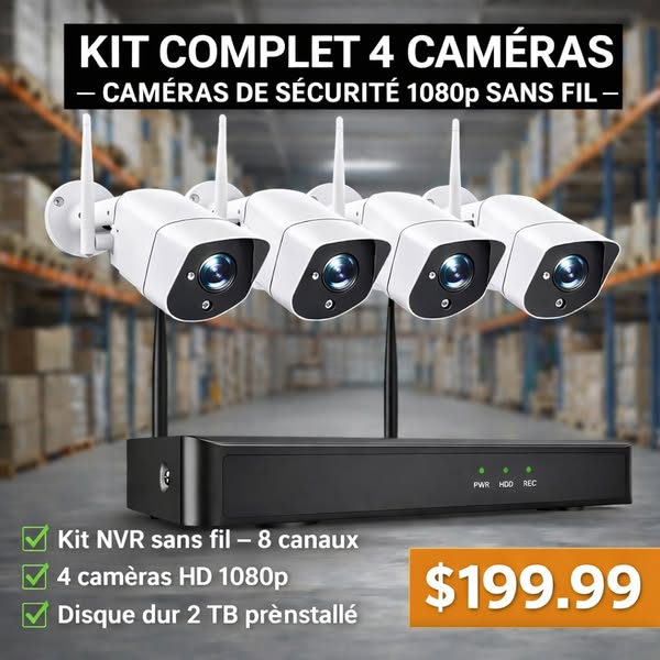 Kit complet 4 caméras sans fil avec NVR et disque dur 2TB
