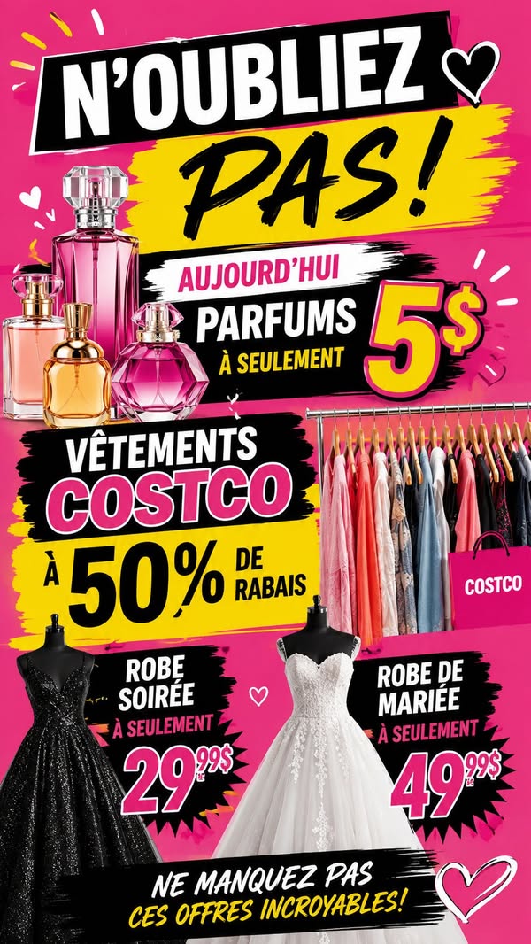 Rappel promo: parfums, vêtements Costco et robes de soirée/mariée