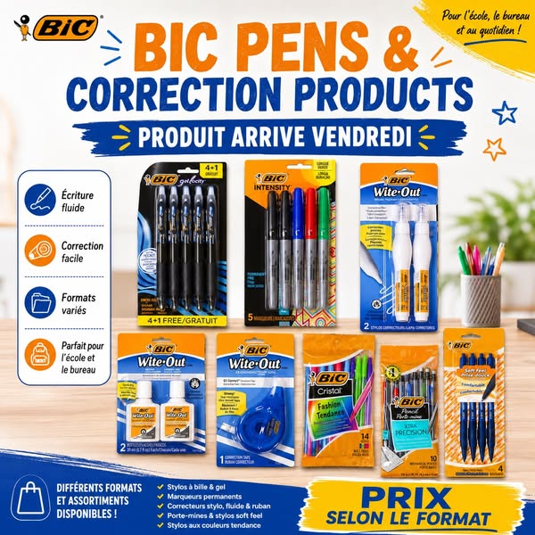 Fournitures scolaires et bureau BIC (stylos, marqueurs, correcteurs)