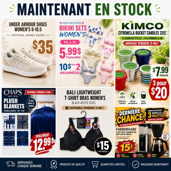 Nouveaux arrivages varies (Under Armour, bikinis, chandelles, couvertures, soutiens-gorge, cafetieres)
