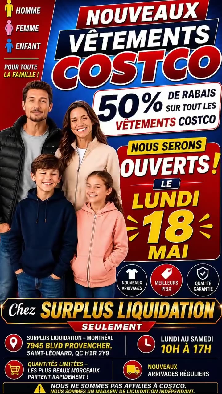 Méga arrivage vêtements Costco à -50%