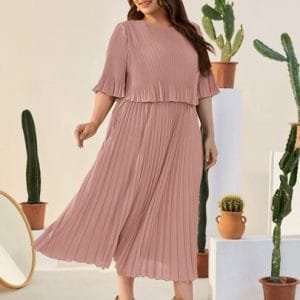 Modely Plus Flounce Sleeve Pleated Solid Dress