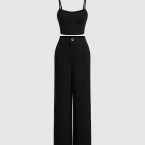 Mod Solid Slim Fit Black Cami Top & Black Wide Leg Pants