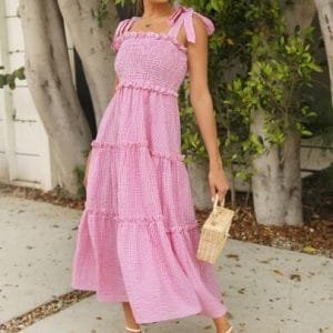 Vcay Tie Shoulder Shirred Panel Buffalo Plaid Layered Dress