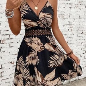 Vcay Summer Beach Tropical Print Guipure Lace Insert Cami Dress