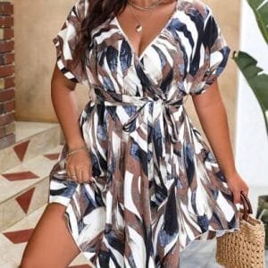 Lune Plus Allover Print Batwing Sleeve Belted Dress