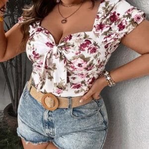 Vcay Plus Floral Print Knot Front Summer Tee