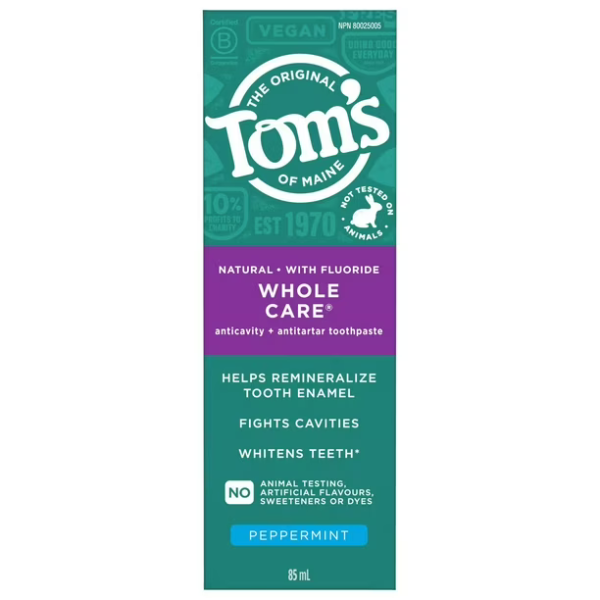 Tom's of Maine Whole Care Peppermint Natural Toothpaste with Fluoride, 85 mL